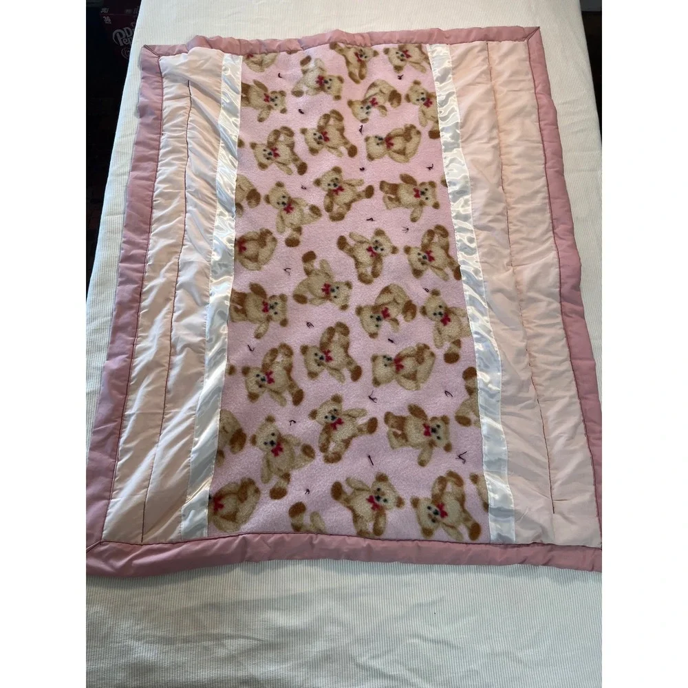 Vintage Pink Teddy Bear Baby Blanket Satin Trim Quilted Border Fleece 33x42